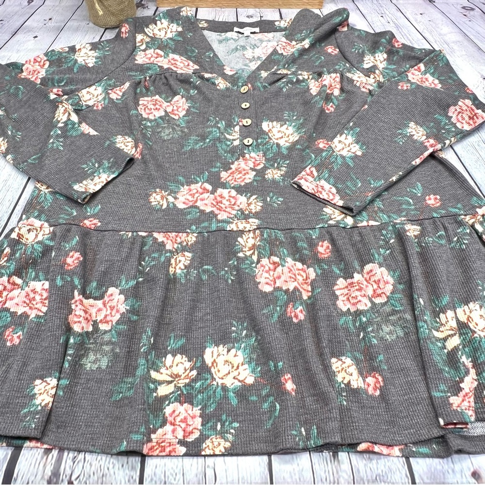 MAURICES	Long Sleeve Waffle Thermal, Button Placket with Ruffled Waist.